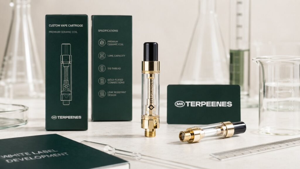 White Label Vape Hardware: What CBD and Terpene Brands Should Check Before Ordering 3 Custom 510 vape cartridges with ceramic coil and branded Mr Terpeenes packaging for compatibility testing