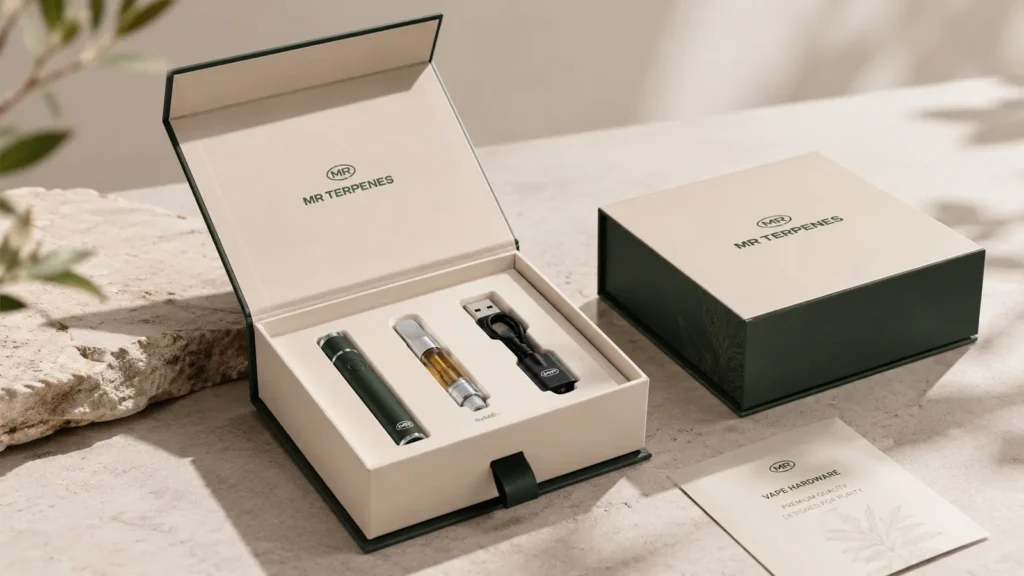 Vape hardware packaging box with a fitted insert holding a battery, cartridge and charging cable