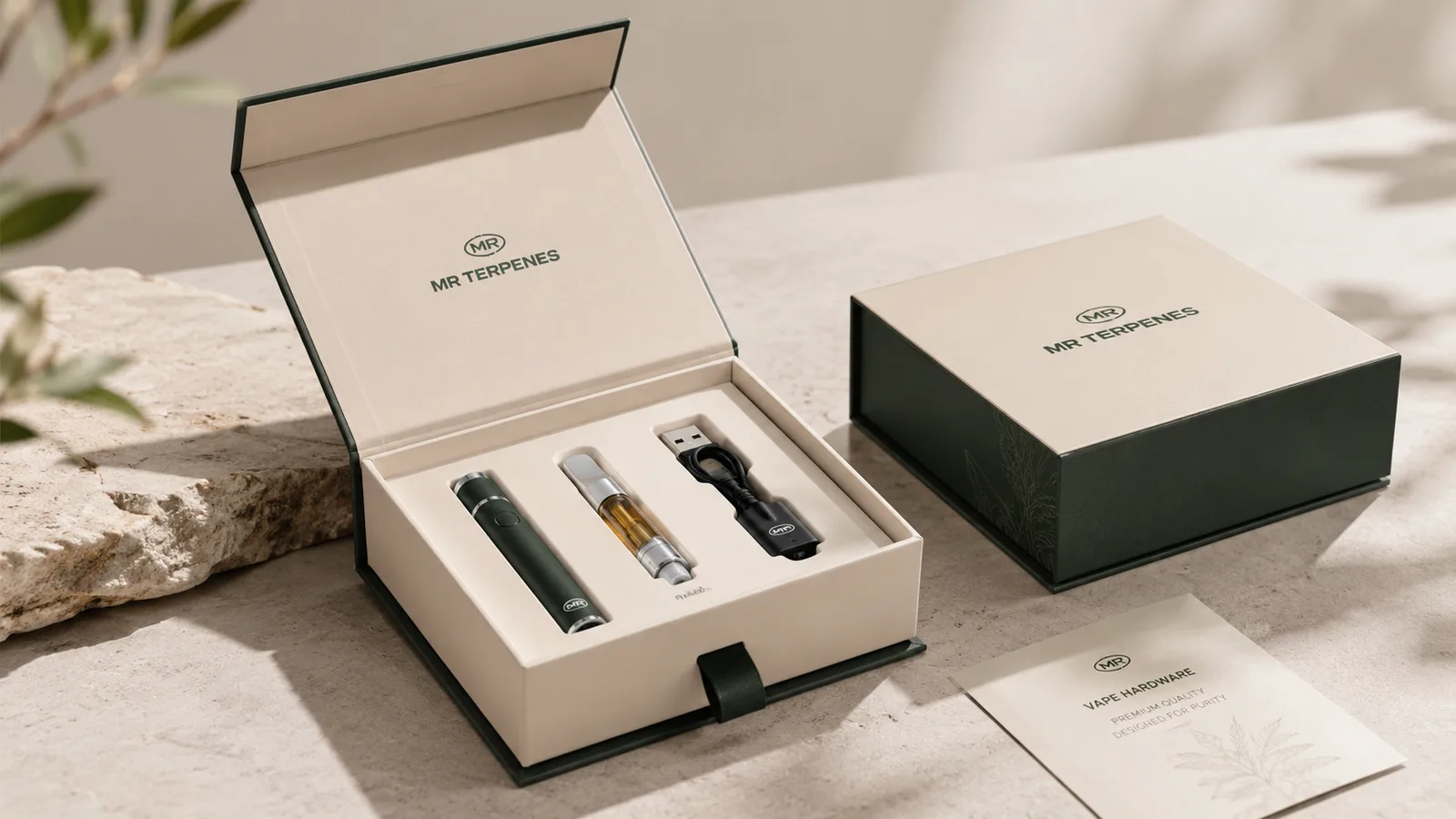 Vape hardware packaging box with a fitted insert holding a battery, cartridge and charging cable
