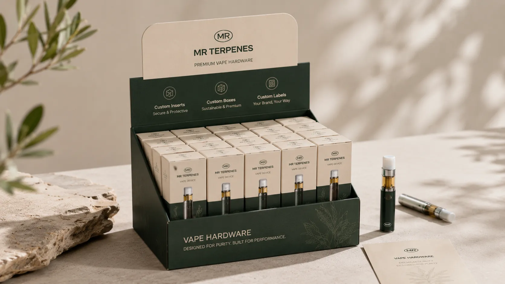 Retail display unit presenting individually boxed vape hardware packaging on a counter