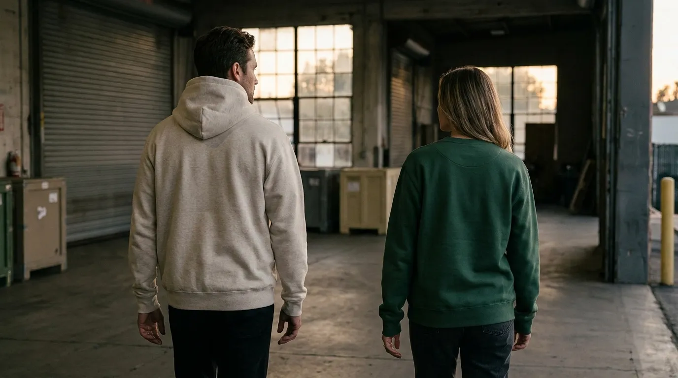 Branded hoodie and white label crewneck worn for a lifestyle brand campaign