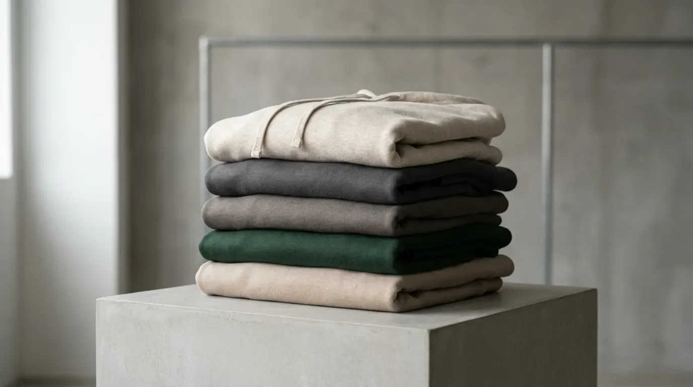 White label hoodies and crewnecks stacked for B2B brand orders