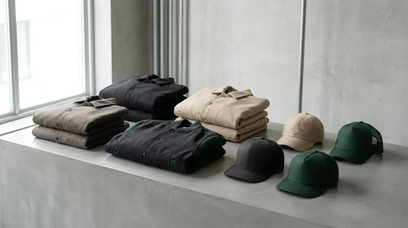 White label jackets and headwear stacked for B2B brand orders