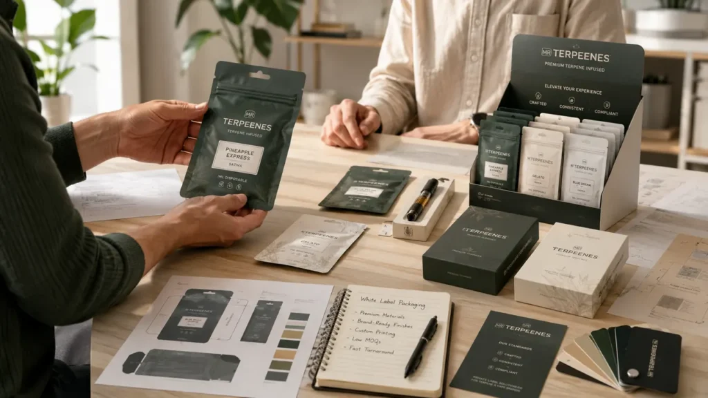 White label packaging for vape brands, including custom mylar bags, rigid boxes and a branded POS display on a studio table