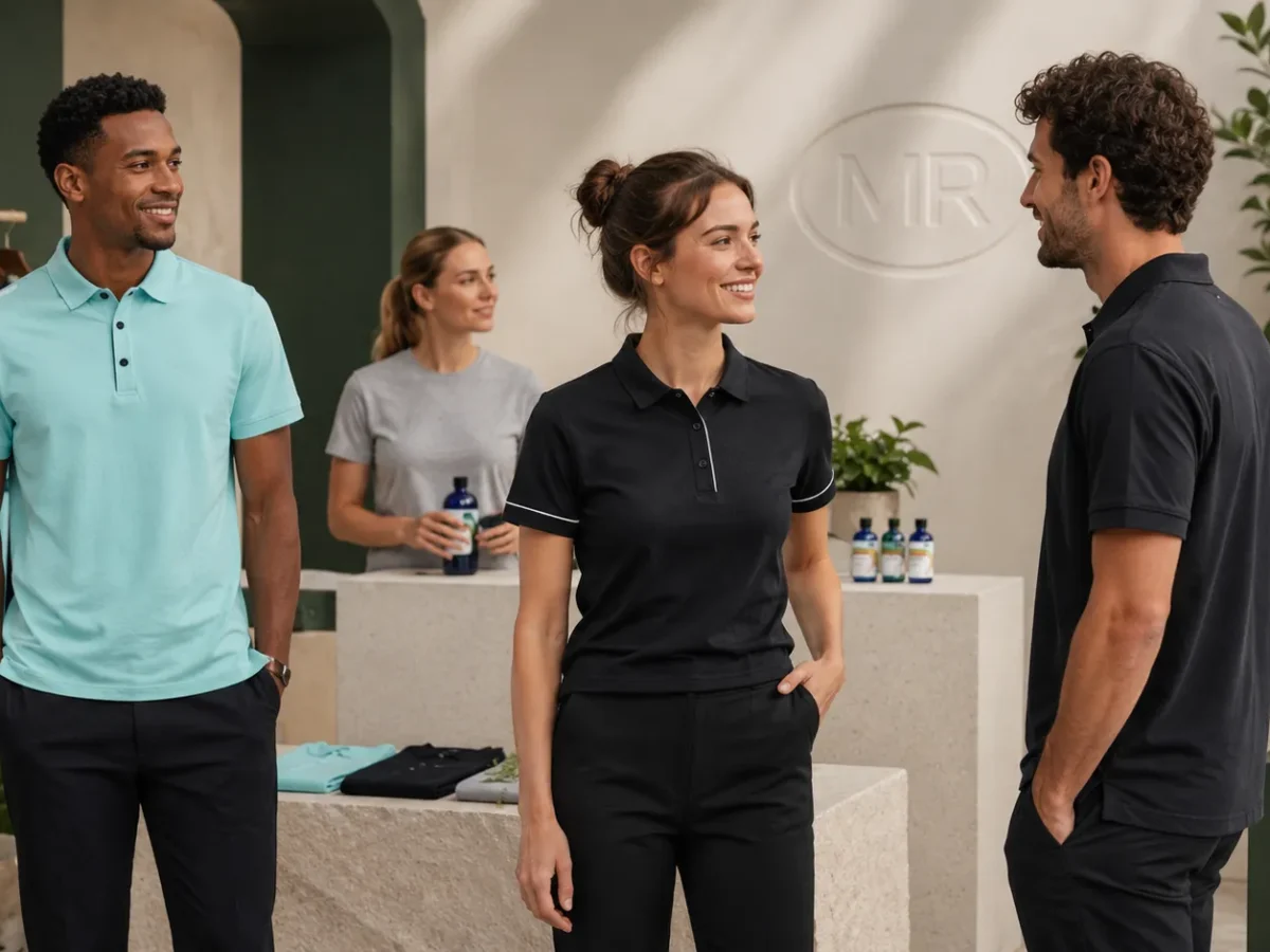 Team wearing white label branded polo shirts in a retail-style showroom setting