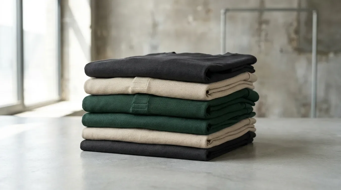 White label t-shirts and polos stacked for B2B brand orders