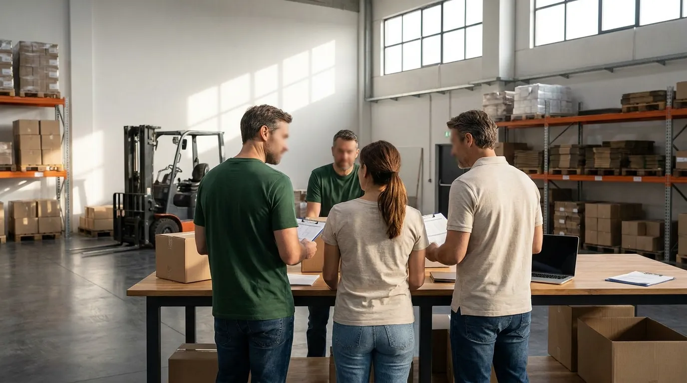 Team wearing white label t-shirts and polos for staff and event apparel