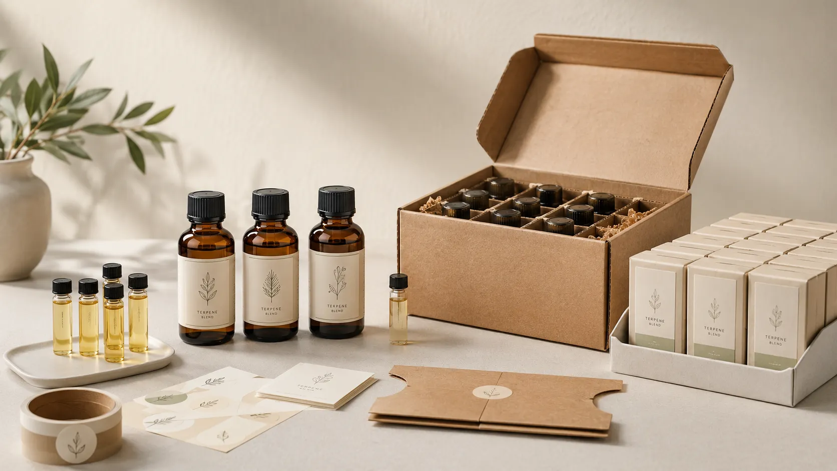 Branded terpene bottles, sample vials and a fitted shipping carton ready for a white label terpene launch