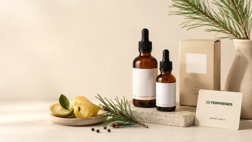 White label terpene bottles with blank labels next to a kraft outer carton and a Mr Terpeenes sample card