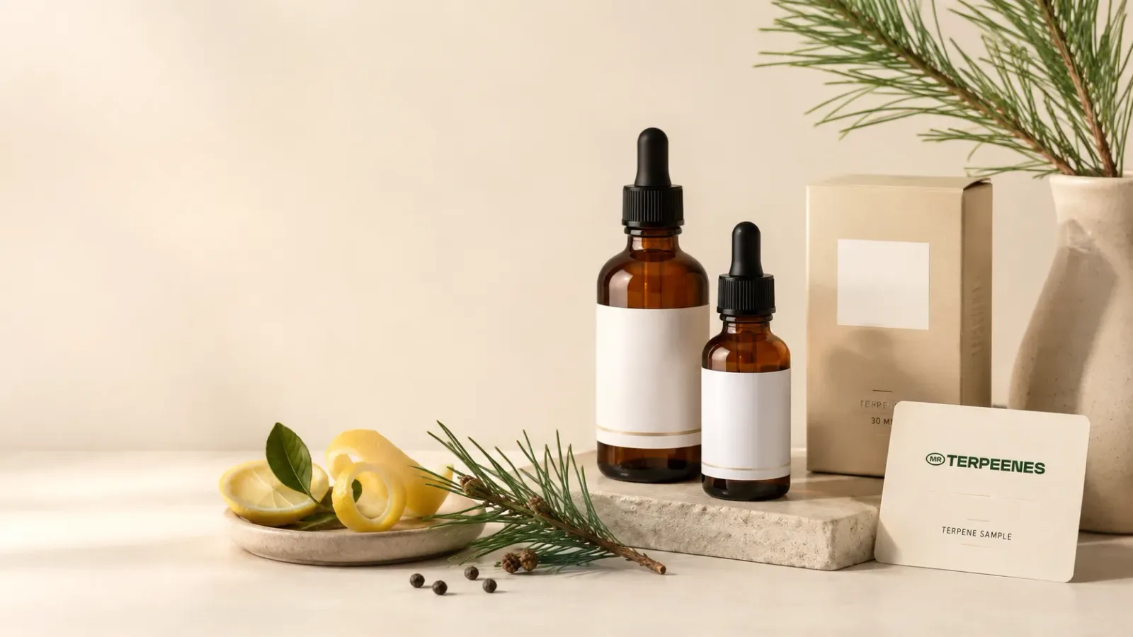 White label terpene bottles with blank labels next to a kraft outer carton and a Mr Terpeenes sample card