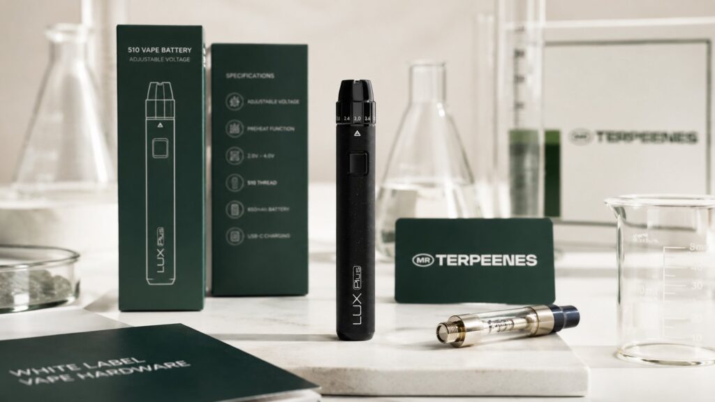 White Label Vape Hardware: What CBD and Terpene Brands Should Check Before Ordering 2 White label vape hardware including 510 cartridges and a disposable device beside branded Mr Terpeenes packaging